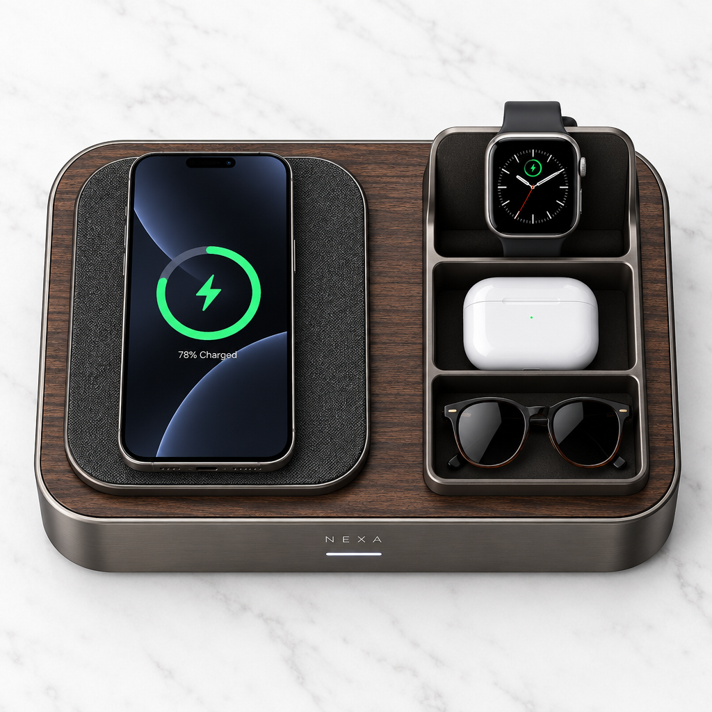 Top-down view of charging station with organized items