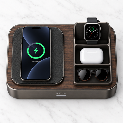 Top-down view of charging station with organized items