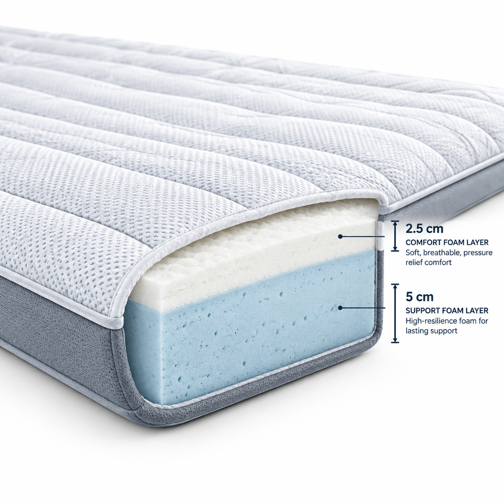 Side view showing foam thickness and cushioning layers