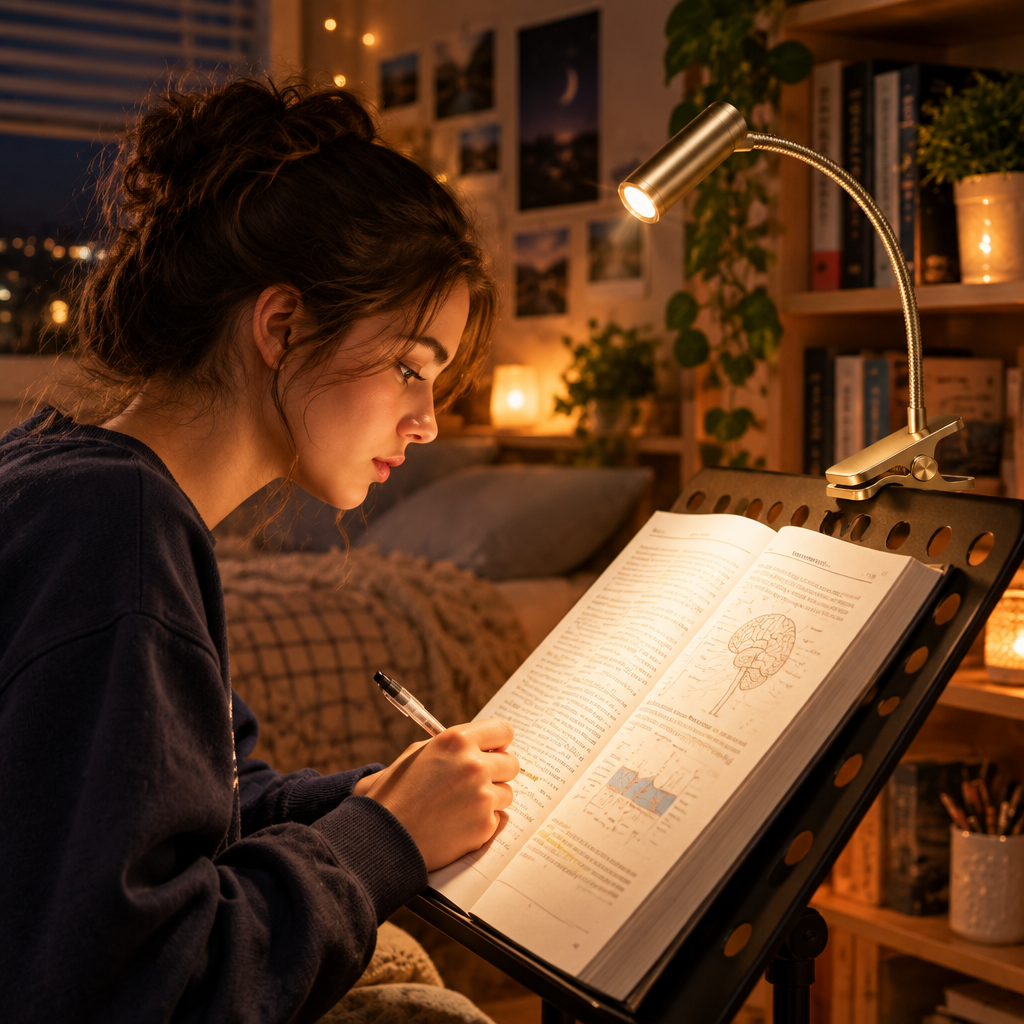 Student studying late with clip lamp on bookshelf