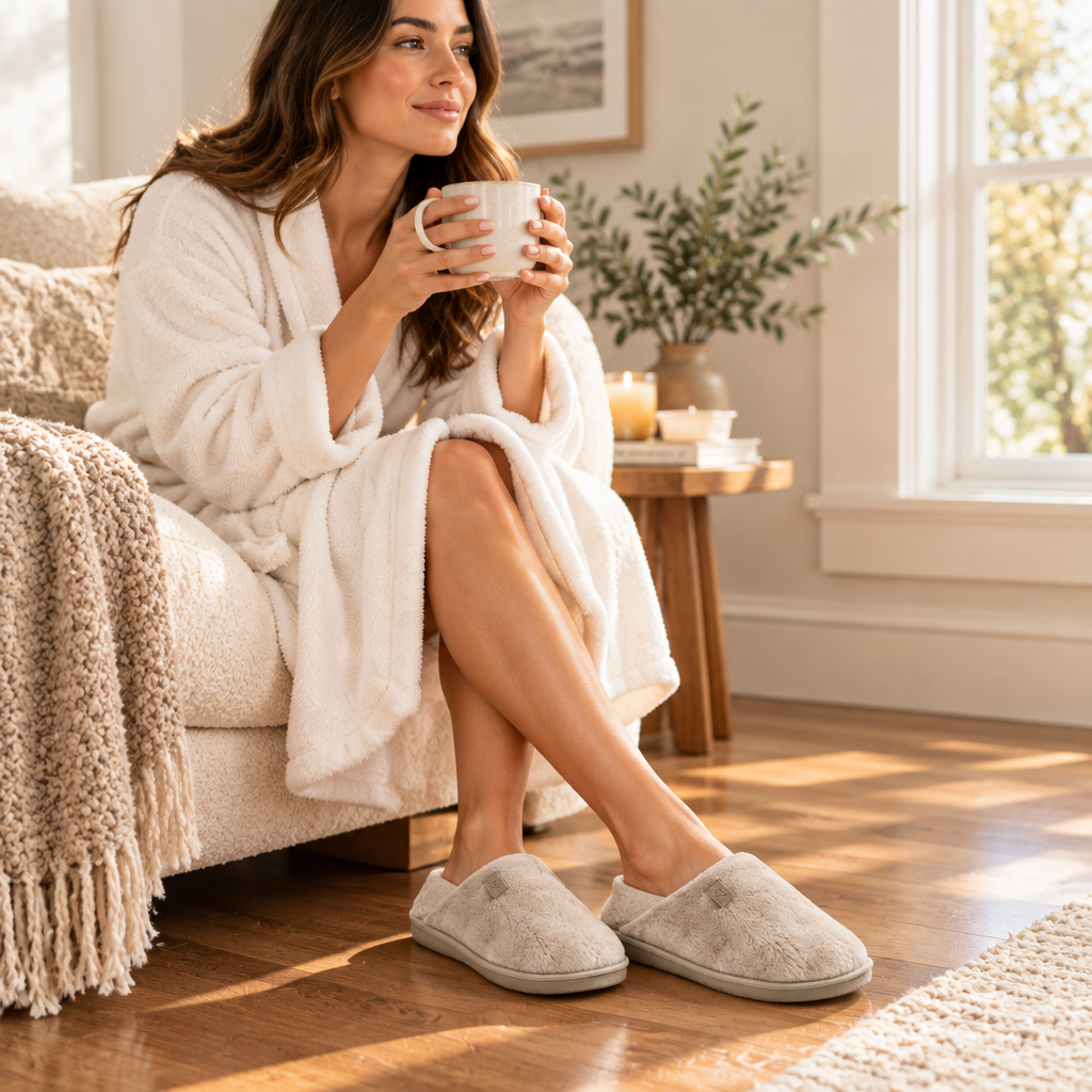 Woman in robe wearing plush slippers with morning coffee
