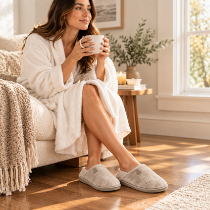 Woman in robe wearing plush slippers with morning coffee