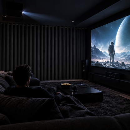 Home cinema room with blackout curtains fully closed