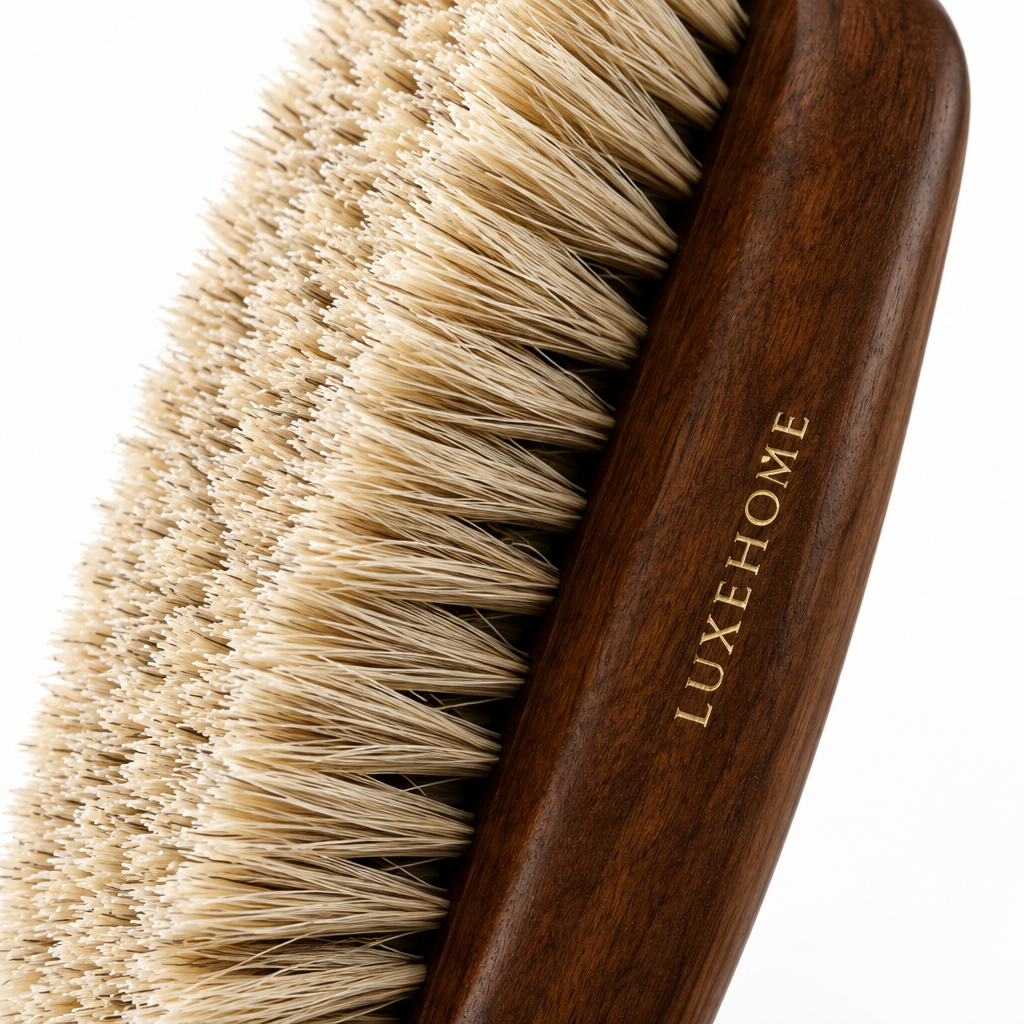 Natural boar bristles and walnut wood handle close-up detail