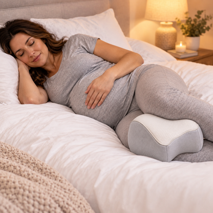 Pregnant woman using knee pillow for comfortable sleep