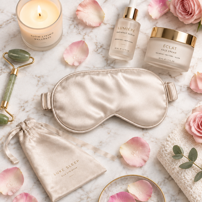Luxury spa flat lay with silk eye mask on marble surface
