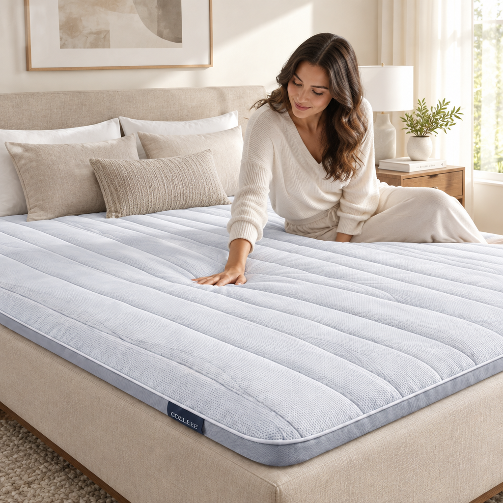 Lifestyle scene - person feeling plush mattress topper surface