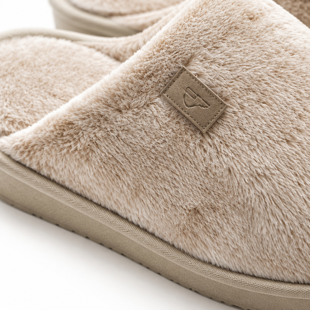 Faux fur texture and brand leather patch close-up detail