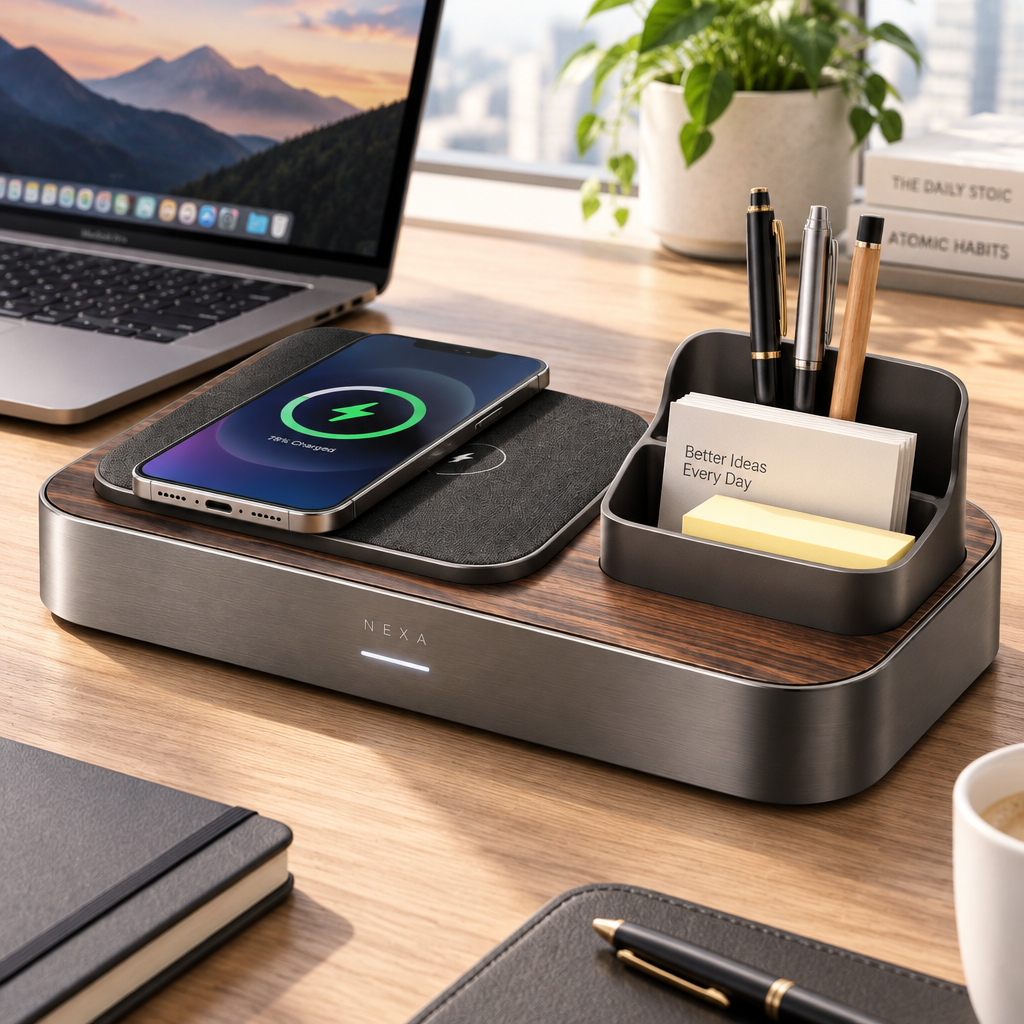 Home office desk setup with NEXA organizer and MacBook