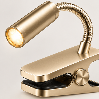 Brushed gold finish and gooseneck arm close-up detail