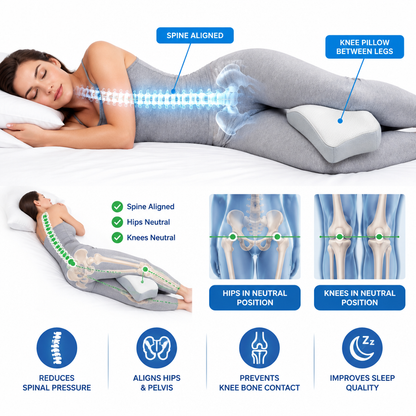 Spinal alignment diagram showing correct knee pillow position