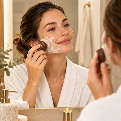 Woman using round facial brush for gentle face cleansing