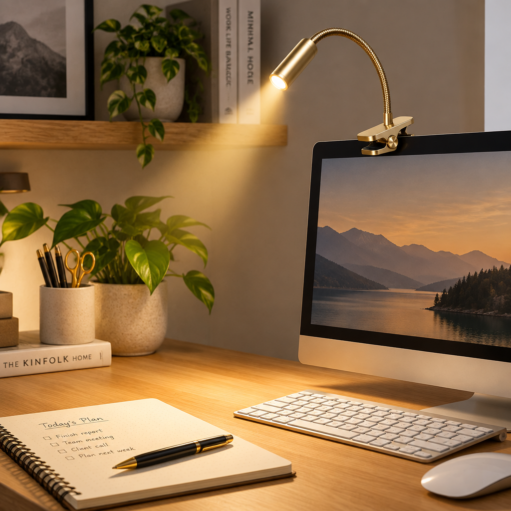 Clip lamp on home office desk illuminating workspace