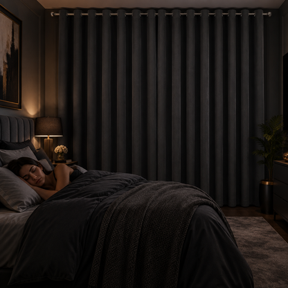 Person sleeping peacefully in completely darkened bedroom
