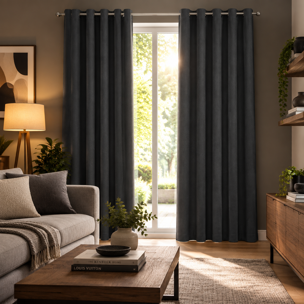 Modern living room with charcoal blackout curtains partially open