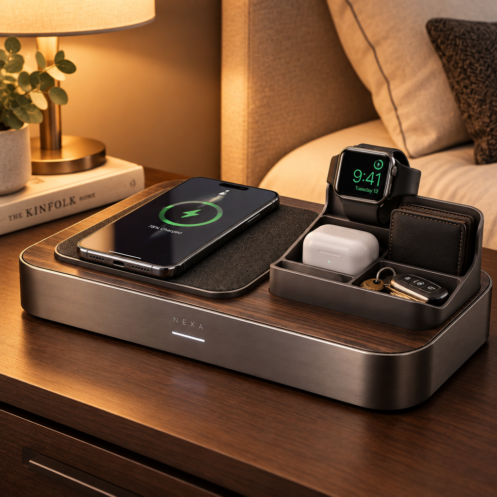 Bedroom nightstand with phone charging and items organized