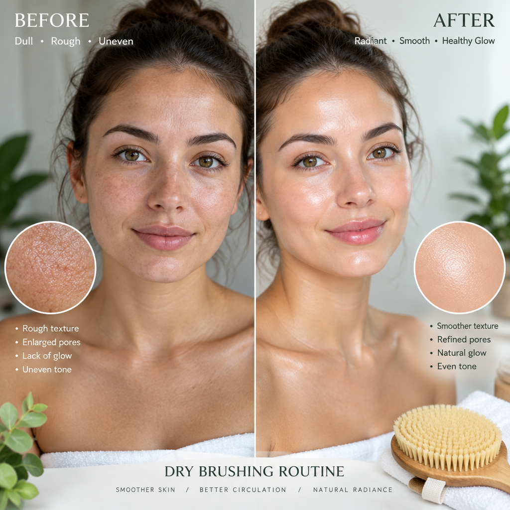 Before and after skin texture comparison from dry brushing