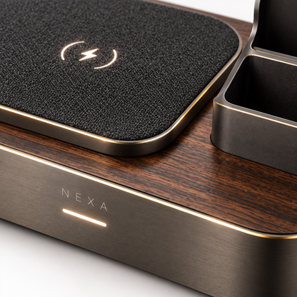 Walnut wood grain and gunmetal metal detail close-up