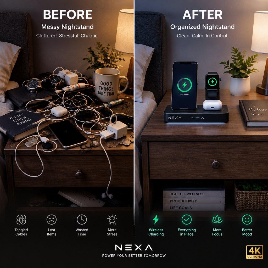 Before vs after messy to organized nightstand comparison