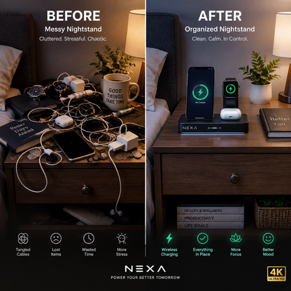 Before vs after messy to organized nightstand comparison