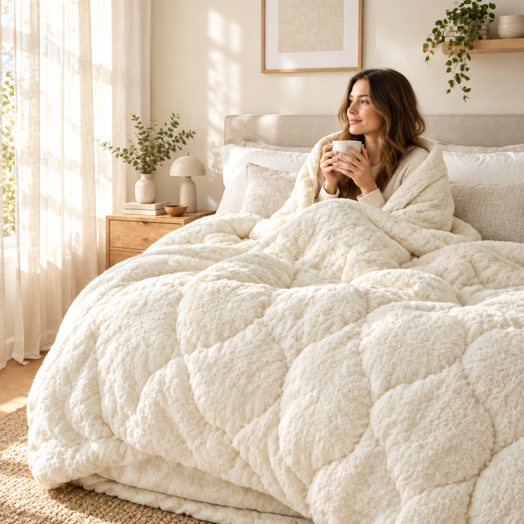 Cozy bedroom lifestyle scene with quilted comforter