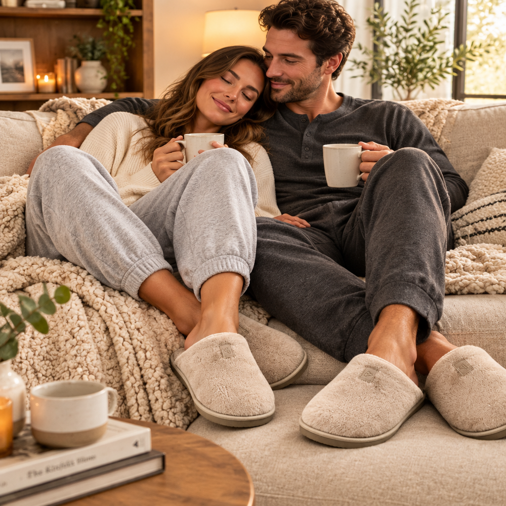 Couple wearing matching plush slippers on sofa