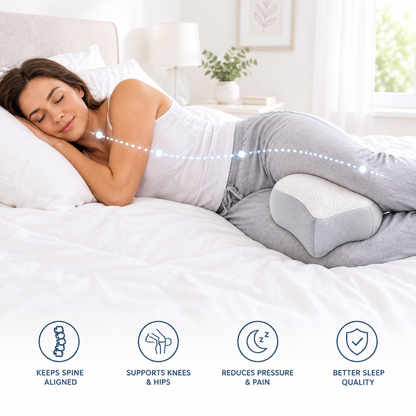 Woman side sleeping with knee pillow for spinal alignment