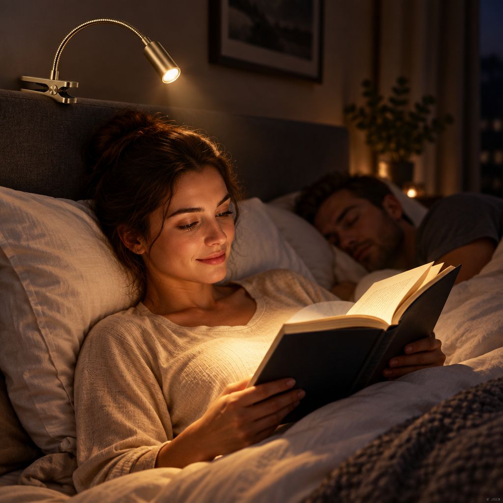 Person reading in bed with clip lamp while partner sleeps