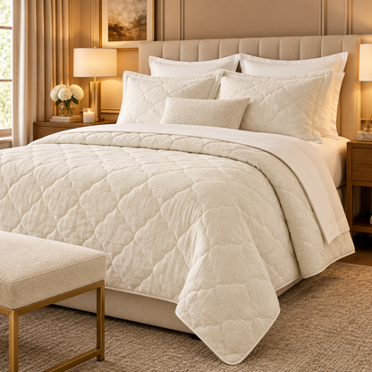 Hotel-style bed dressed with cream quilted comforter