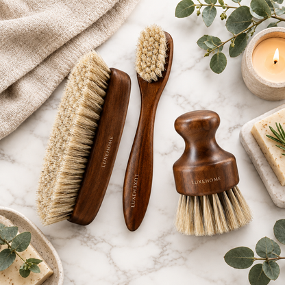 Luxury spa flat lay with brush set on marble surface