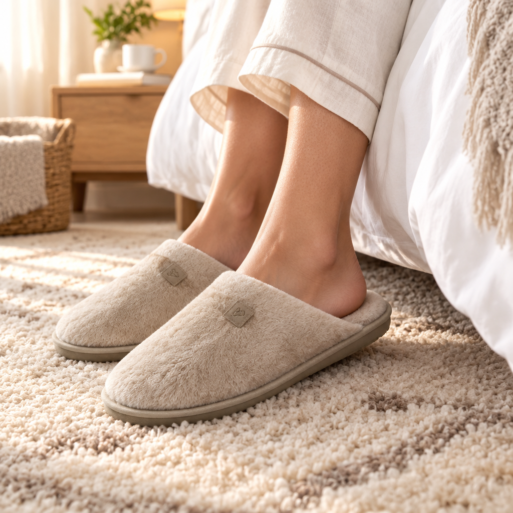 Woman feet in plush slippers on bedroom rug
